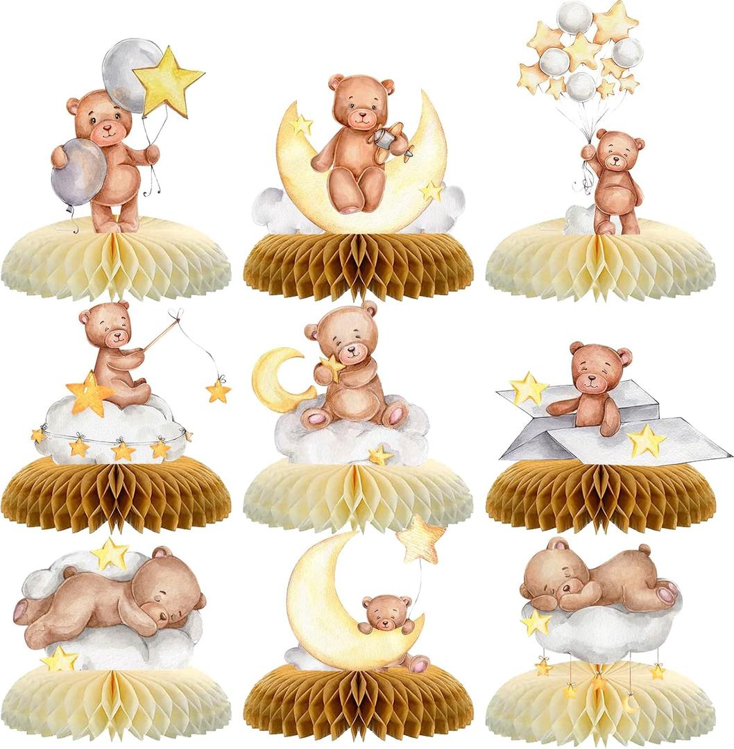9 Pcs Bear Baby Shower Honeycomb Centerpieces Little Bear Teddy Paper Fan Table Topper Honeycomb 3D Table Decoration for Kids Party Baby Shower Wedding Party Supplies (Brown)