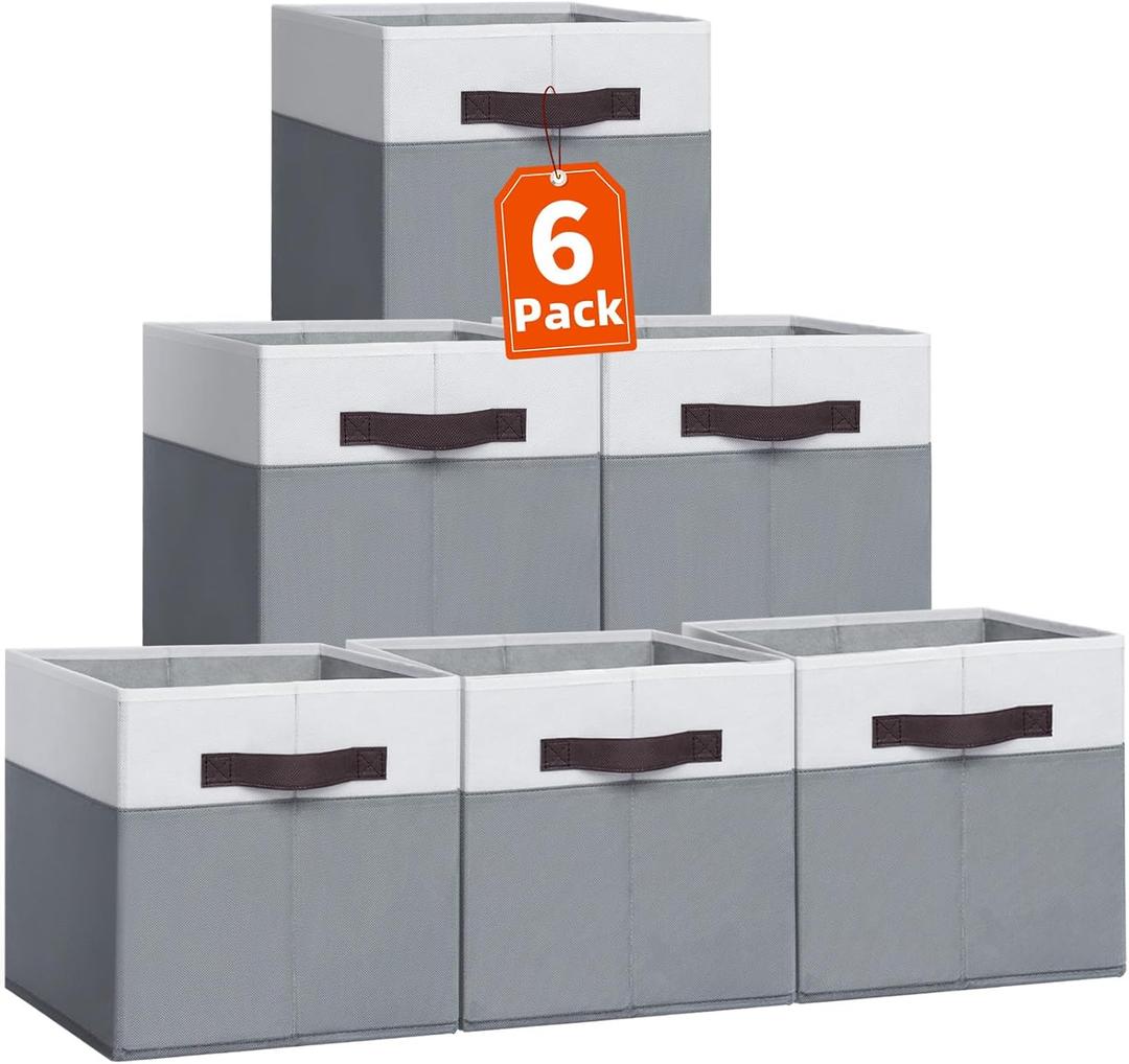 Criusia Storage Cubes -11 inch Closet Organizers and Storage Bins for Clothes -6 Pack Fabric Storage Baskets for Shelves, Cube Organizer/ Toy Storage Organizer/ Dorm Room Essentials/ HouseWarming Gift (White with Grey)