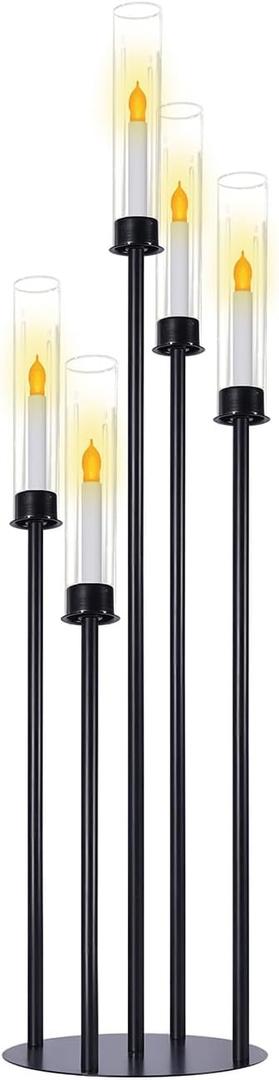 Black Candelabra with Glass Cylinders for Real Candles 5 Head Metal Candle Holder Wedding Centerpiece Ceremony Reception Event Party Home Decoration (1, L)