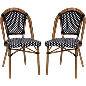 Flash Furniture Bordeaux Set of 2 Indoor/Outdoor Commercial Bistro Stack Chairs - Black/White PE Rattan Back and Seat - Natural Bamboo Print Aluminum Frame