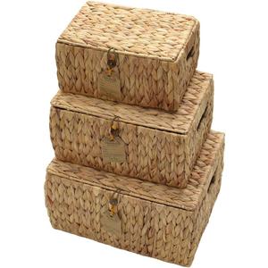 Water Hyacinth Storage Baskets with Lids Set of 3, Woven Wicker Basket with Lid for Shelves Natural Rectangular Lidded Storage Bins, Stackable Nesting Baskets, Bedroom Bathroom Closet Organizer