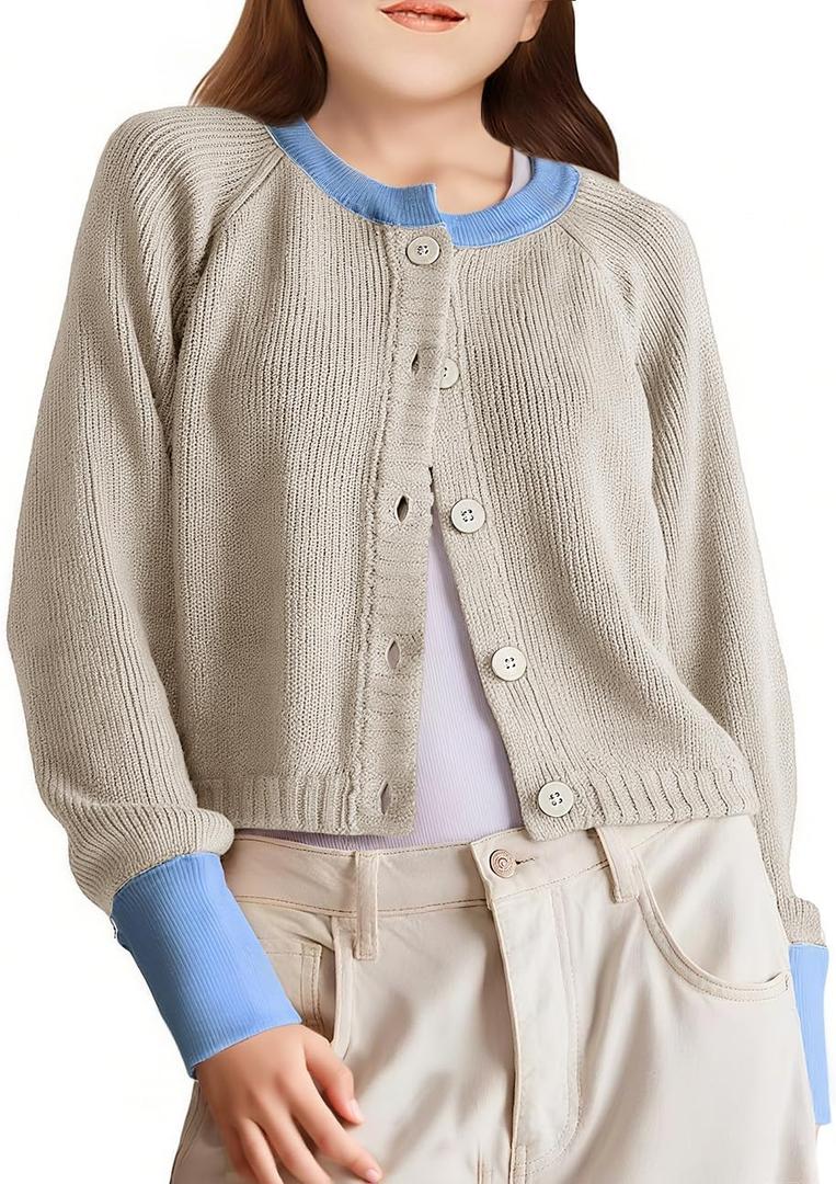 Girls Cardigan Sweater Kids Color Block School Uniforms Button Down Long Sleeve Knit Tops Tweens Winter Clothes (Beige)