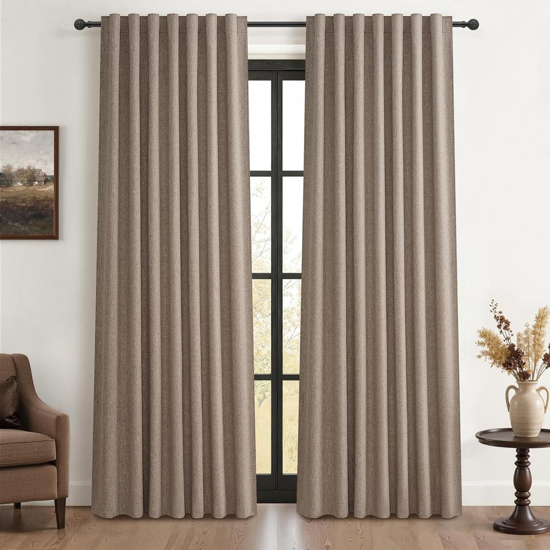 Dark Flax 100% Blackout Curtains 86 Inch Length 2 Panels Set Farmhouse Style for Bedroom Windows/Living Room Thermal Insulated Neutral Boho Drapes Linen Blend Chocolate Hook Belt Pleated (50"W x 86"L)