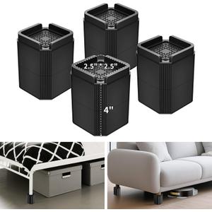 Furniture Risers Bed Risers, Adjustable Risers Blocks Lift 2, 4, 5.9 inches Heavy Duty Desk Leg Risers for Couch Table Desk Sofa Dresser, Refrigerator, Washing Machine - Support up to 2000 lbs (Black-4 Pack)