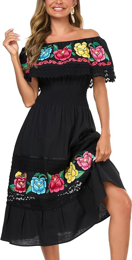 YZXDORWJ Women Embroidered Mexican Peasant Casual Sexy Lace Off-Shoulder Long Dress (L)