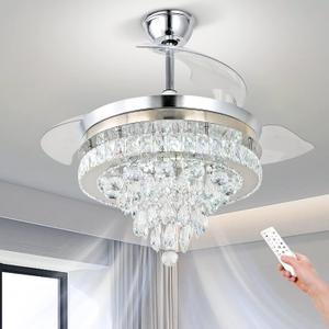 Finktonglan 42" Crystal Fandelier Ceiling Fan with Lights, Retractable Blades, Dimmable 60W LED, Remote & App Control, Quiet Reversible Motor, 6 Speeds & Timer, Downrod Mount for Bedroom/Living Room
