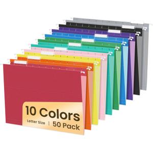 SUNEE Hanging File Folders, 50 Pack Letter Size Hanging File Folders with 1/5-cut Tabs, Stay Organized for Your Home and Office Bulk File, Documents and Paper,10 Assorted Colors