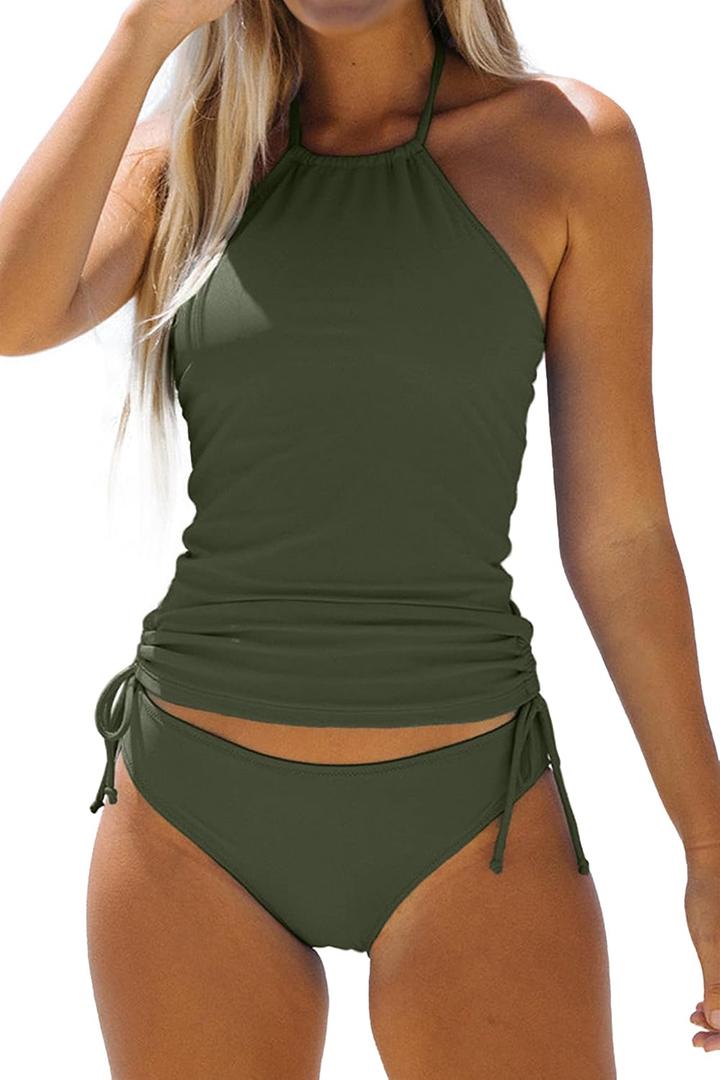 Women's Bathing Suit Solid Color Drawstring Side Halter Neck Tankini Set, Solid Black, Small (Army Green)