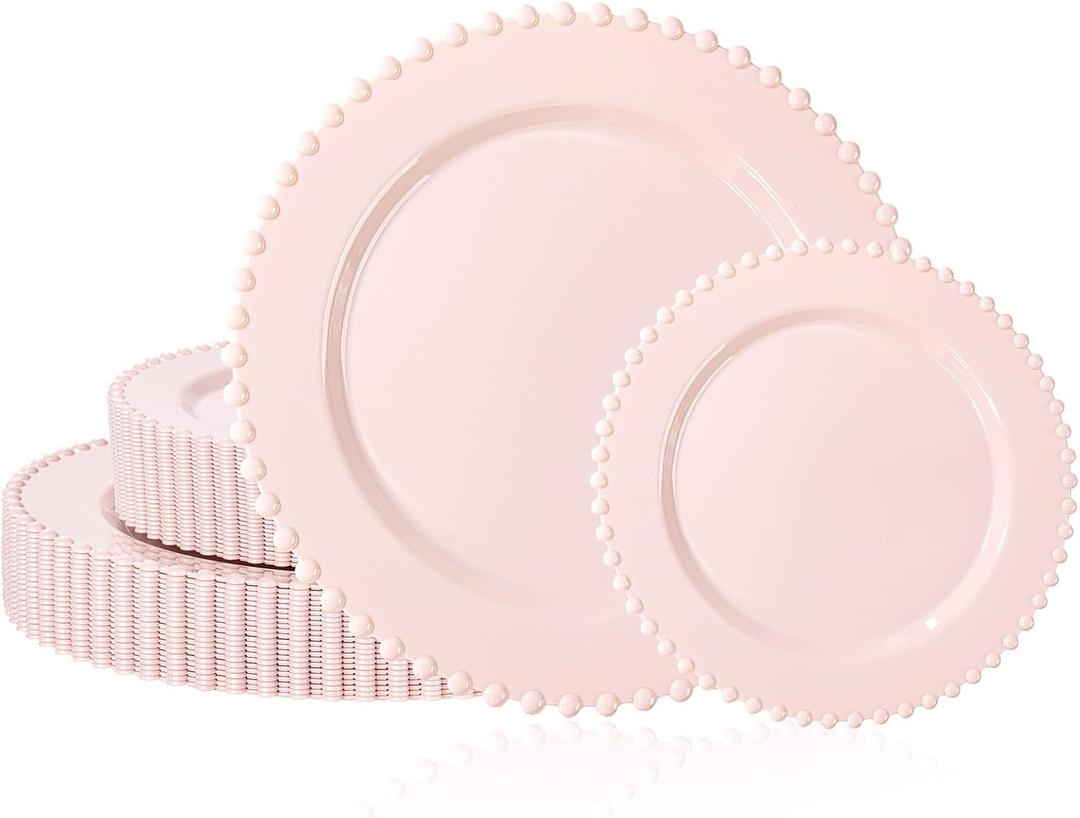 U-QE 60PCS Pink Plastic Plates - Heavy Duty Beaded Pink Disposable Plates for Party, Baby Shower, Wedding, Birthday - Serving 30 Guests Include 30PCS 10inch Dinner Plate & 30PCS 7inch Dessert Plate