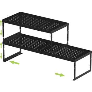 Jojocross Adjustable Stackable Metal Storage Shelf Organizer - Expandable Wire Rack with Perforations for Kitchen, Pantry, Bathroom, Cabinet & Office-Compact, Durable & Sturdy (2PACKS/Medium/Black)