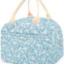 Cotton Quilted Insulated Lunch Bag, Cute Quilted Floral Lunch Tote Bags Reusable Insulated Lunch Box Coquette Aesthetic Large Capacity Insulated Cooler for Women Work Travel Picnic (Light Blue)