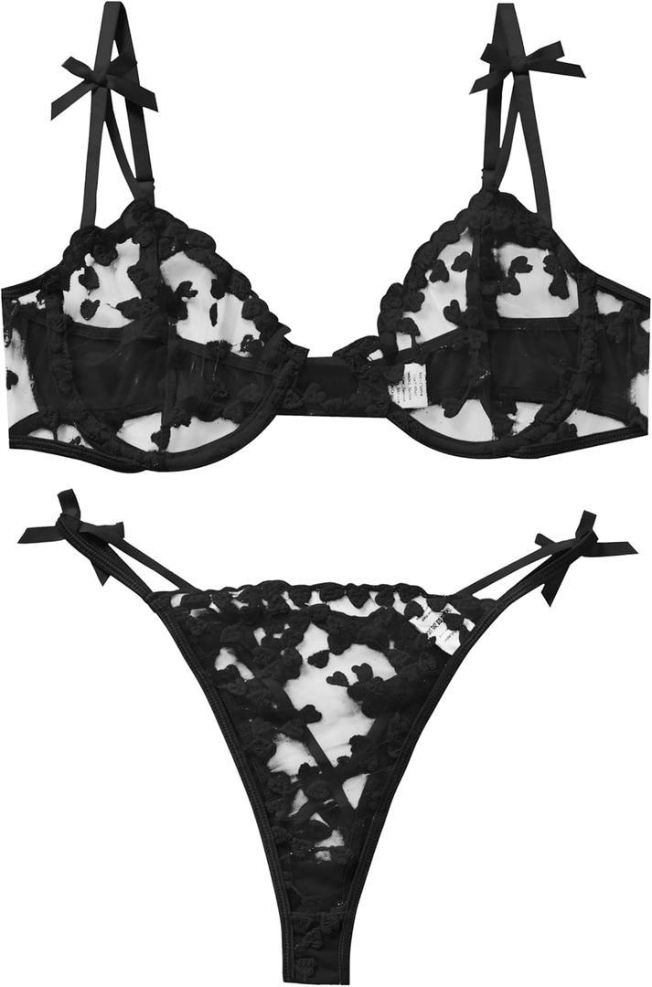 Sexy Underwire Cute Push Up Strappy Embroidered Mesh Sheer Lingerie Set See Through Panty Bra (Medium, Black)
