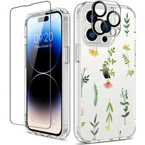 GiiKa for iPhone 14 Pro Max Case with Screen Protector, 6.7" Clear Full Body Shockproof Protective Floral Girls Women Hard Case with TPU Bumper Cover Phone Case for iPhone 14 Pro Max, Grass Flowers