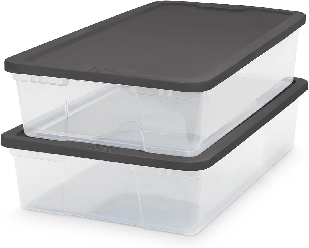 HOMZ Clear Plastic Storage Bins w/ Snaplock Lids, 28 Qt, Gray, 2 Pack