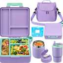 Bento Lunch Box for Kids with 17oz Soup Thermo,Insulated Tumbler Water Bottle and Insulated Lunch Bag,Leak-Proof 3 Compartment Lunch Food Container with Ice Pack for Kids to School-Purple