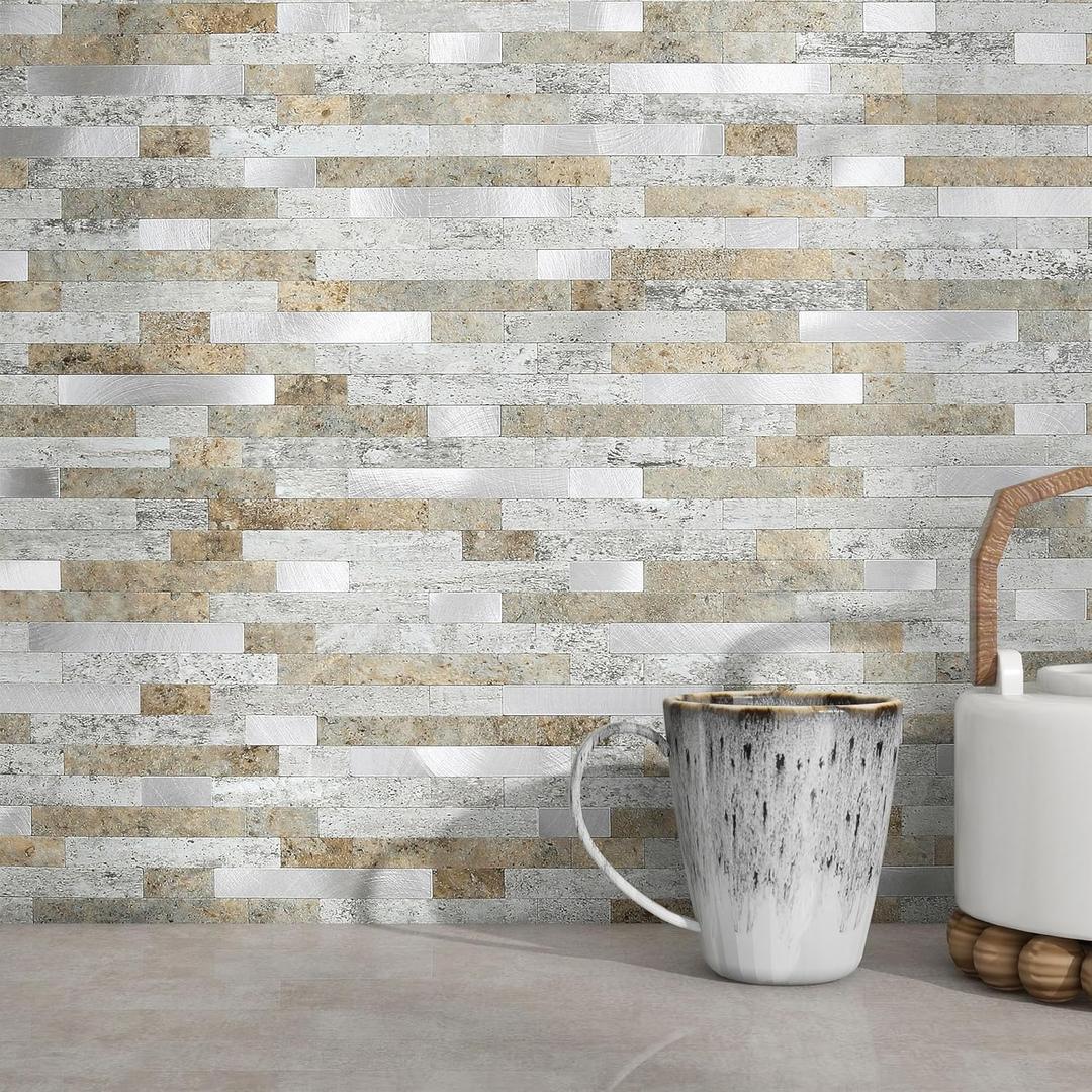 MOFIT 3D Stone Brick Backsplash Tile for Kitchen Peel and Stick Self-Adhesive Wall Tile,Marble Linear Mosaic Tiles Stickers Bathroom Wall Panels Fireplace Vanity (Castle Brown,10sheets)