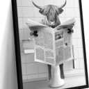Bathroom Picture Wall Decor, Framed Black and White Bathroom Wall Art, Funny Highland Cow on Toilet Reading Newspaper,Animal Canvas Print Painting 16x12 Inch Ready to Hang