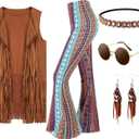 Leumoi 5 Pcs 60s 70s Costume for Women Disco Outfits Hippie Accessories Fringe Vest Boho Flared Pants Set for Carnival (Medium, Retro)