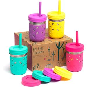 Elk and Friends 10oz Stainless Steel Kids + Toddler Drinking Cups | The Original Mason Jar with Sleeves + Lids | Silicone Straws | Smoothies | Storage Jar | Spill Resistant | Dishwasher Safe | 4 Pack (Purple/Teal/Pink/Yellow)