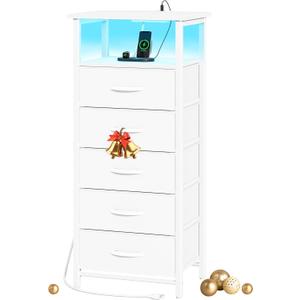 Yoobure 5 Drawers Dresser for Bedroom, Tall Nightstand with Charging Station, Fabric Dresser for Closet with Storage Shelf, Vertical Dressers Chest LED Night Stand, Bedside Table for Dorm Living Room (Off White)