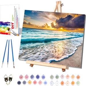 Beach Paint by Numbers for Adults with Framed Canvas-with Wooden Easel,Landscape Paint by Number on Canvas,DIY Acrylic Oil Painting Kits with Brushes Nice Gift Box for Home Wall Decor(16x20inch)