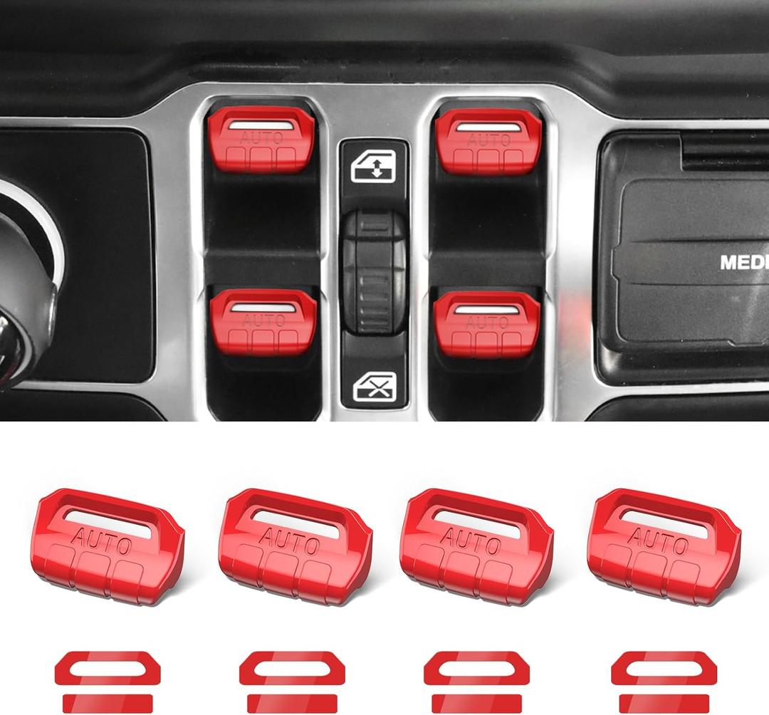 4PCS Upgraded Window Switch Button Cover Compatible with Jeep Wrangler JL JLU 2018-2025 and Gladiator JT 2020 2021 2022 2023 2024 2025 Wrangler 4xe Interior Accessories(Bright Red)