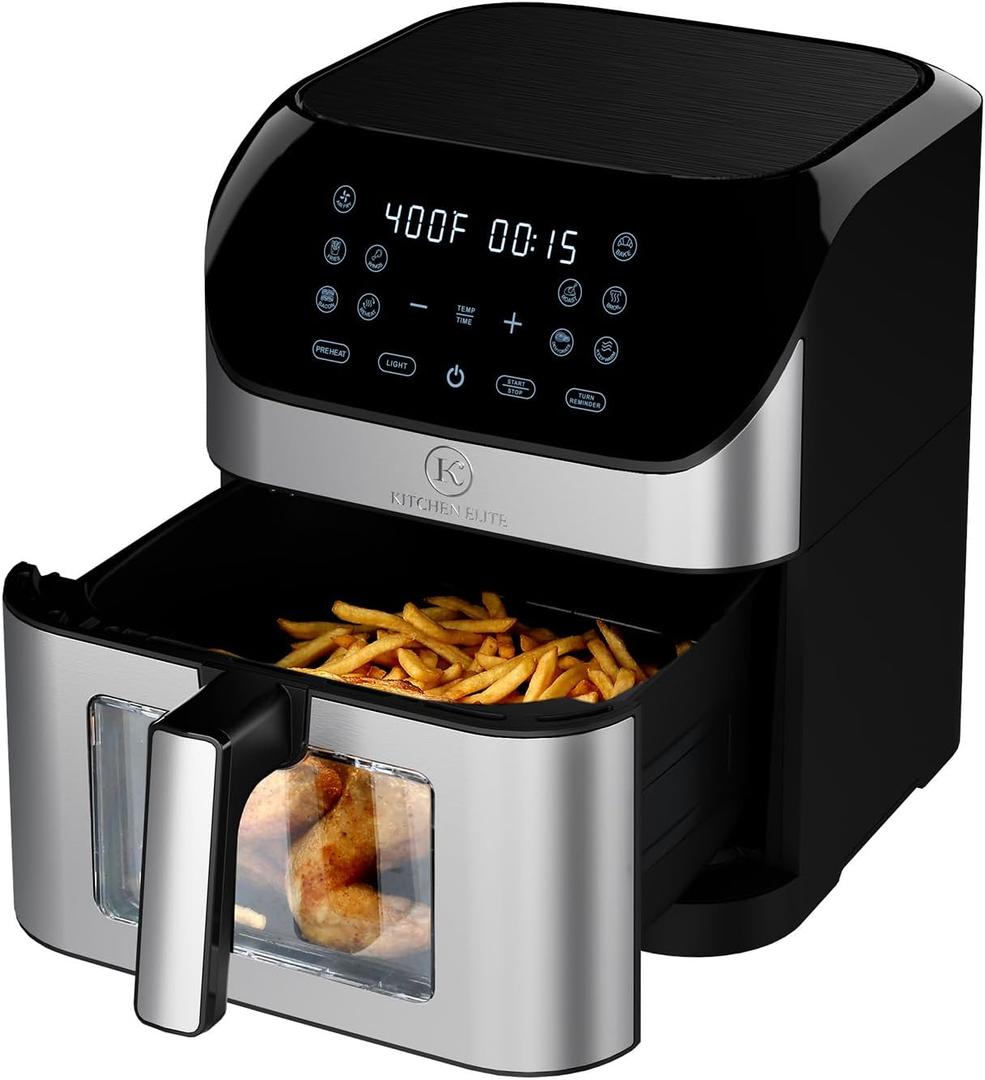 Kitchen EliteAir Fryer with 360 turbo airflow technology, 8 Preset Functions, 8 Qt Family Size with Probe Thermometer ,Nonstick Square Air Fryer Basket with Window, Auto Shut Off Feature, Black (Stainless Steel)