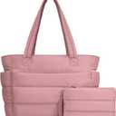 TOPDesign Puffer Tote Bag for Women, Lightweight Puffy Handbag with Compartments, Quilted Shoulder Bag for Work, Travel, Gym (Large, Dark Pink)