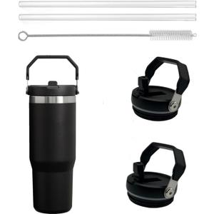 2Pack Replacement Tumbler Lid for Stanley IceFlow 30 oz(Only) Flip Straw Lid, with 2Pcs Reusable Straws,1Pcs Cleaning Brush (Black)