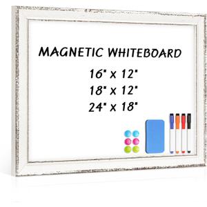 Magnetic White Board for Wall, 18" x 12", Rustic Whitewashed Wooden Frame
