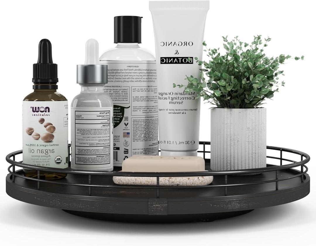 12" Oak Bathroom Vanity Tray Turntable for Perfume Candle, Round Wooden Decorative Tray for Kitchen Sink Countertop Organizer, Bathroom Counter Organizer for Skincare Makeup, Farmhouse Black Gold