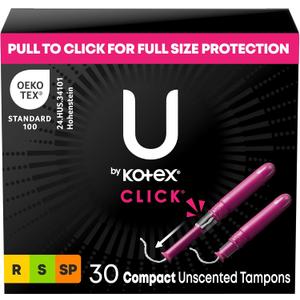 U by Kotex Click Multipack Tampons, Compact, Regular/Super/Super Plus Absorbency, Unscented, 180 Count (6 Packs of 30) (Packaging May Vary) U by Kotex Click Multipack Tampons, Compact, Regular/Super/Super Plus Absorbency, Unscented, 180 Count (6 Packs of 30) (Packaging May Vary)
