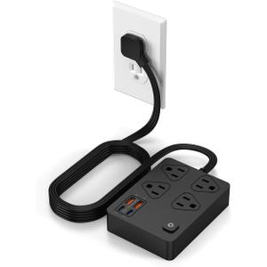 Power Strip Flat Plug with 4 AC Outlets 4 USB Ports (20W), Surge Protector Charging Station with Overload Protection, 6Ft Flat Plug Extension Cord, Fast Charging for Office Dorm Room