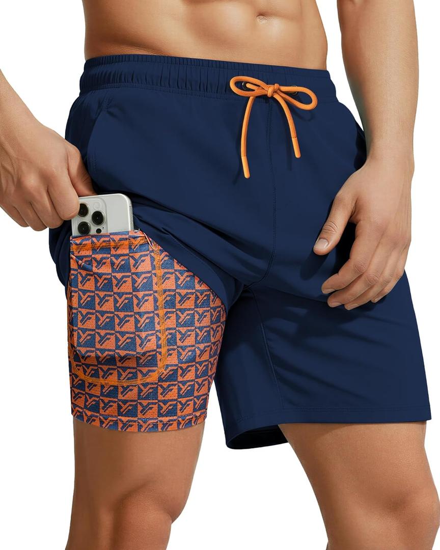 7 Inch Men Swim Trunks with Compression Liner Quick Dry Drawstring Male Swimtrunks for Beach Summer Water Park