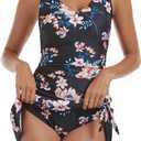Aidonger One Piece Swim Dress Swimsuits for Women Tummy Control Swimdress Skirt Bathing Suit (Large, Black Floral Print)