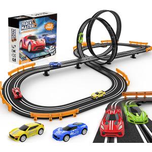 Slot-Car-Race-Track-Sets for Boys Kids, Battery or Electric Race Car Track with 4 High-Speed Slot Cars, Dual Racing Game 2 Hand Controllers Circular Overpass Track, Toys Gifts for 6-8 8-12 Boys Girls