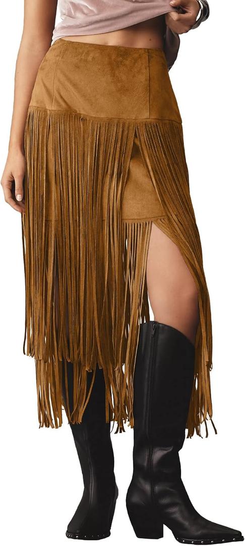 Locachy Womens Faux Suede Fringe Trim Midi Skirt Casual High Waist Bodycon Skirt (Medium, Brown)