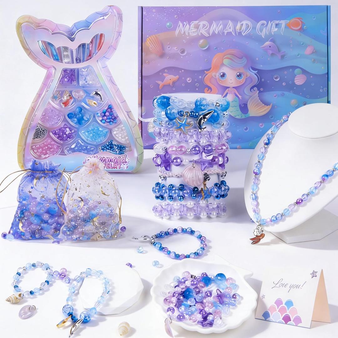 Danvren Mermaid Bracelet Making Kit for Girls, Mermaids Toys Jewelry Craft Christmas Birthday Gifts for Girl, 200+ DIY Beads,Charm Necklace Making Kits for Kids Ages 5-10