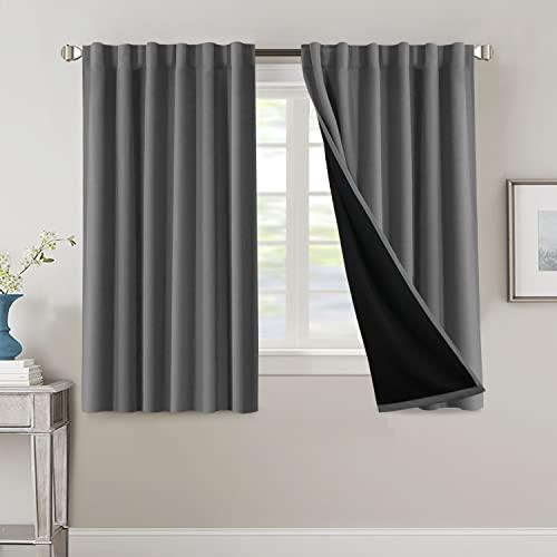 H.VERSAILTEX 100% Blackout Curtains for Bedroom with Black Liner Full Room Darkening Curtains 54 Inches Long Thermal Insulated Back Tab/Rod Pocket Window Drapes for Living Room, 2 Panels, Grey