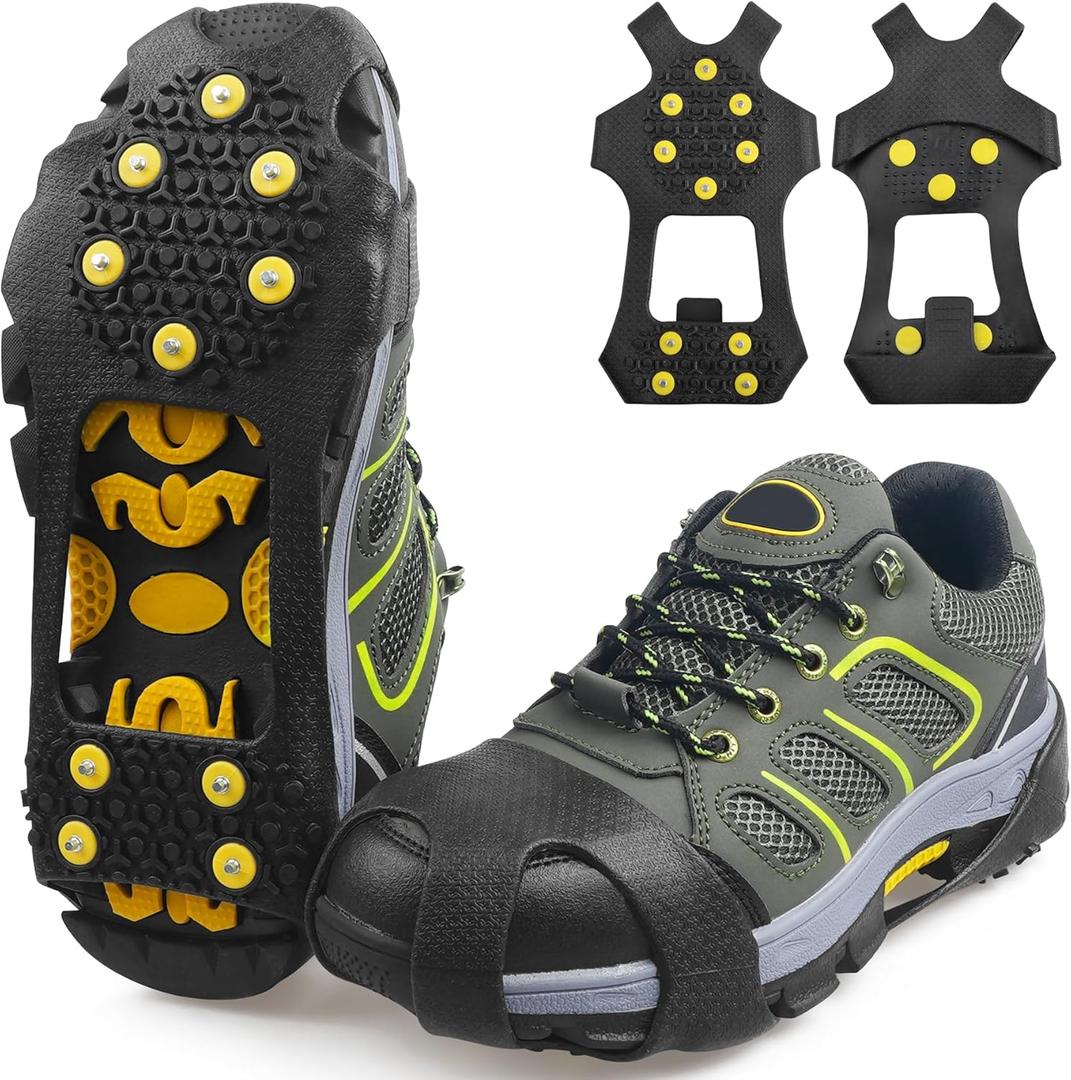Ice Cleats for Shoes and Boots Men Women Winter Walking Ice Snow Cleats Anti Slip Snow Traction Shoes Crampons 10 Steel Studs Overshoe Slip-on Stretch Rubber Footwear (Large(6-8 men/7.5-9.5 women))