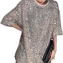 Nite closet Loose Silver Sequin Tops Sparkle Long Shirt for Women Punk Rock Clothing Large