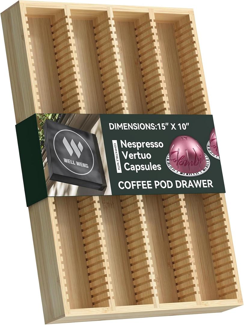 for Nespresso Vertuo Capsules - Premium Bamboo Coffee Pod Drawer Insert Organizer for Counter 15"Dx10"Wx1.5"H (40 Big or 52 Small pods) (Medium)