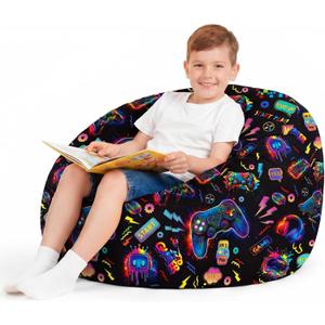 Boao 27'' Large Game Player Kids Bean Bag Chairs Cover (No Filling) Washable Stuffed Animal Storage Beanbag Chair for Kids Canvas Bean Bag Cover with Zipper for Boys Organizing Plush Toys Textile Sack