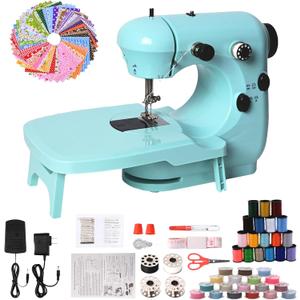 Sewing Machine for Beginners, Mini Sewing Machine for Kids & Adults with Large Extension Table, LED Light, 2 Speed Foot Pedal, DIY Home Sewing Kit with 127 Accessories(Cyan)