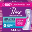 Poise Ultra Thin Incontinence Pads for Women, 4 Drop, Long, 144 ct