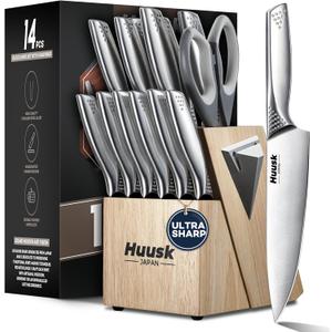 Huusk Knife Set with Block and Sharpener, 14 Pcs Japanese Stainless Steel Kitchen Knife Sets Dishwasher Safe, Sharp Silver Professional Knives Set with Box for Kitchen, Gifts for Men and Women