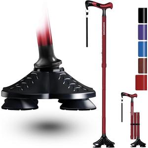 KingPavonini Walking Cane for Men Women Stability, Free Standing Foldable Cane, Ergonomic Handle Pivoting Quad Base, Heavy Duty 350 LBs, Adjustable Walking Canes for Seniors Balance with Travel Bag, Red