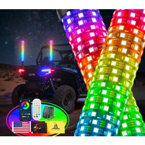 Ehaho 2PCS 2FT Fat Whip Lights for UTV ATV, Led Fatty Whip Light W/Rocker Switch & 6 Flags, Brighter Spiral Chasing Lighted Antenna Whip with APP & Remote Control for RZR SXS Can-Am X3 Off-Road