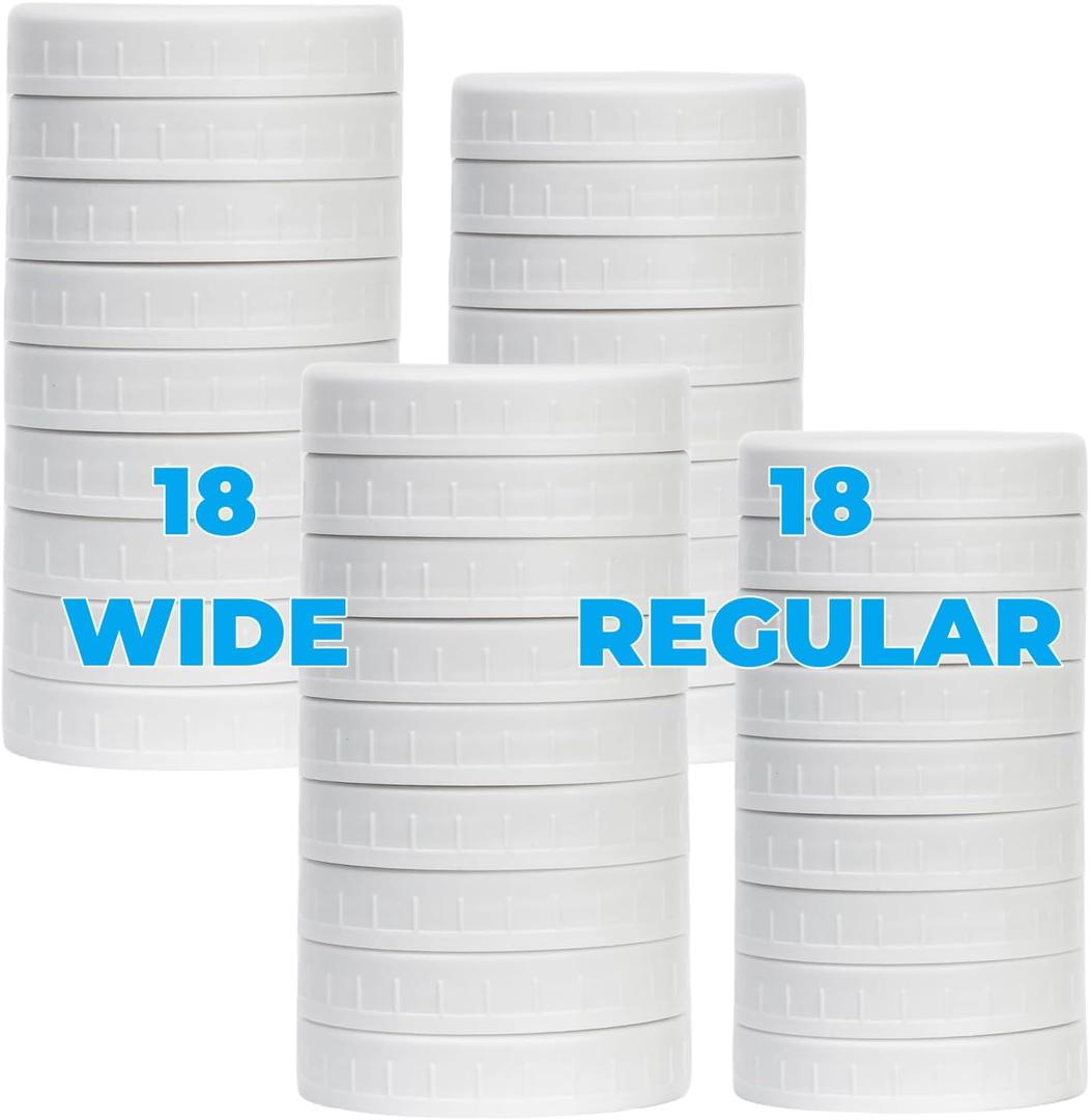 36 Pack White Plastic Mason Jar Lids with Silicone Rings, 18 Wide Mouth & 18 Regular Mouth Mason Jar Lids,Plastic Canning Lids, Fit Ball,Kerr and More (White)