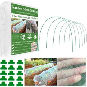 Garden Mesh Netting Kit,10 x 30FT Ultra Fine Netting with 6 Sets Fiberglass Garden Hoops for Raised Beds Vegetable Plants Fruits Greenhouse Row Cover Birds Animals Barrier Protection Net